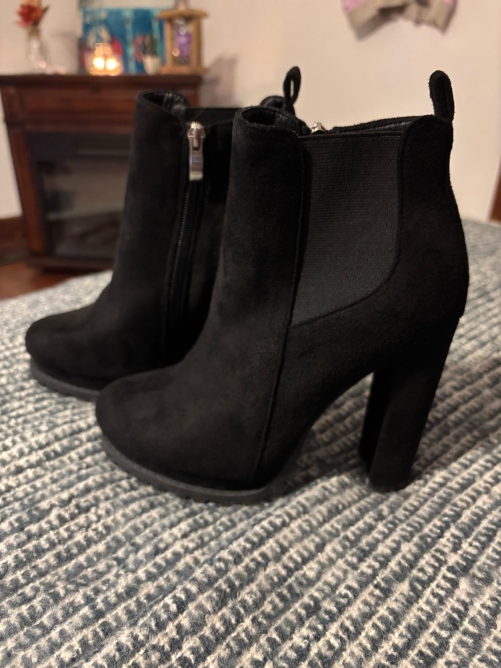 Women's Black Suede High Block Heel Ankle Booties